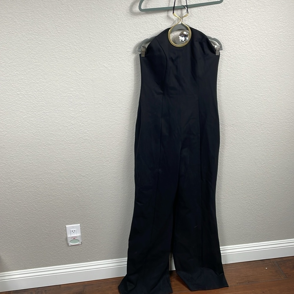 NWT AREA Crystal Cut Out Halter Jumpsuit Brass Glass Jewel Wide Leg Black Sz XL - Picture 3 of 16